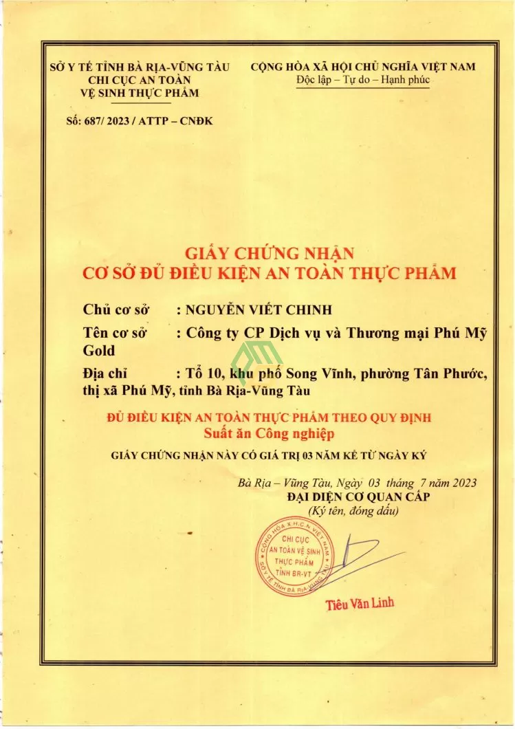 Giấy chứng nhận vệ sinh an toàn thực phẩm