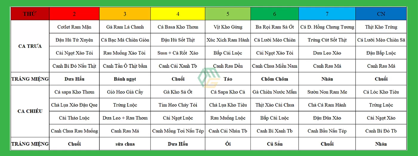 Thực đơn suất ăn công nghiệp tại Nhơn Trạch