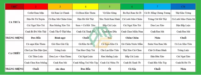 Thực đơn mẫu suất ăn công nghiệp Tuần 1